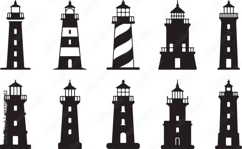 Obraz premium Ten black and white lighthouse with various and patterns tower