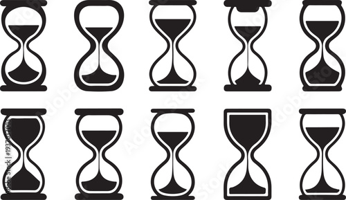 Ten black and white hourglass showing different sand levels and orientations time