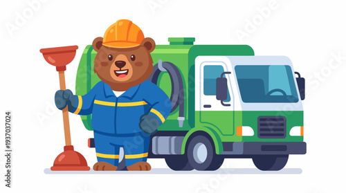 Friendly Cartoon Bear Plumber Mascot Ready for Drainage and Sanitation Services with a Septic Truck in the Background, Representing Reliable Home Maintenance Solutions