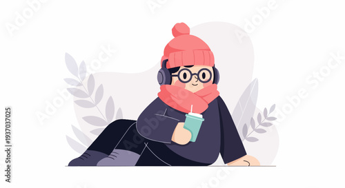 Cozy individual in winter attire, enjoying a drink amidst abstract foliage, listening to music