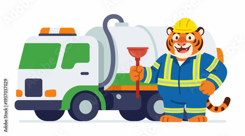 Cartoon Tiger Plumber Posing With A Truck For Plumbing Services