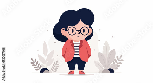 Charming cartoon character with glasses and stylish attire, standing amidst abstract foliage and soft dots