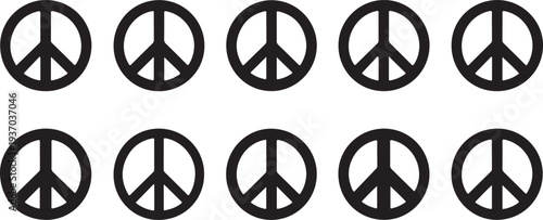 Ten black and white peace symbols arranged in two rows of five circle line