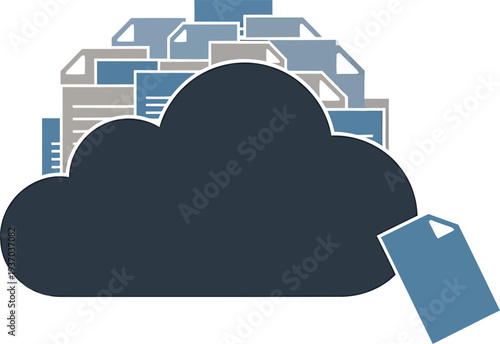 Cloud storage icon with files and label on white background, symbolizing data management and online storage solutions.