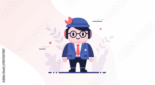 A cute cartoon man in a blue suit with headphones and glasses on a light background