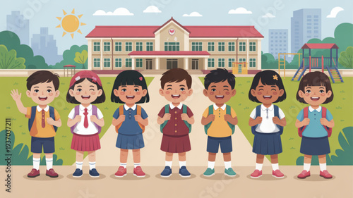 Diverse group of smiling schoolchildren standing in a row outside a modern educational building on a sunny day