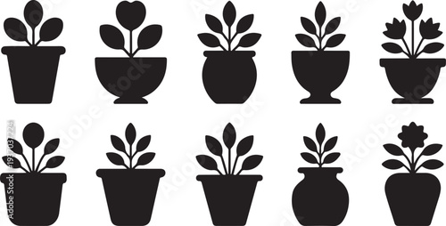 Ten black potted plants with different leaf shapes and flower arrangements silhouette