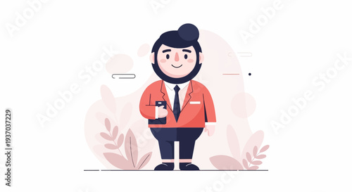 Cheerful, stout cartoon man in a suit, holding a smartphone, with soft, organic shapes and foliage in a light palette