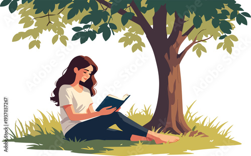 donna che legge un libro romanzo giallo sotto albero in campagna aperta sulla terra erba terreno vettoriale