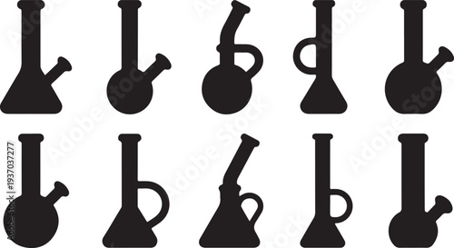 Ten black silhouette bongs with different on white background bong silhouette