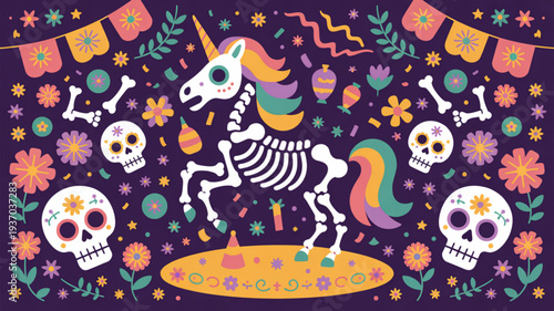 Vibrant day of the dead unicorn skeleton illustration with rainbow mane and skulls on purple background
