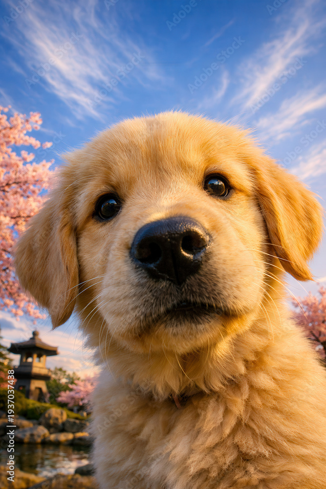 Obraz premium Portrait en contre-plongée d'un chiot golden retriever sous les cerisiers.