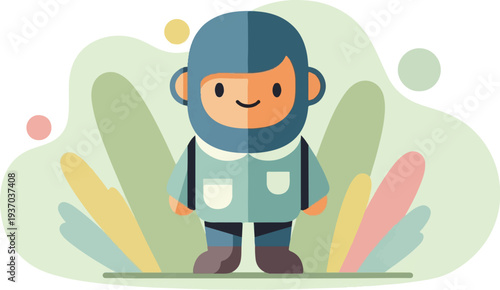 A cute, cartoonish figure with blue hair, orange face, and light blue clothing stands amidst abstract shapes and colors