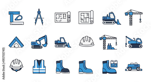 A set of 20 blue and white vector icons representing construction tools, heavy machinery, architectural plans, and safety equipment.