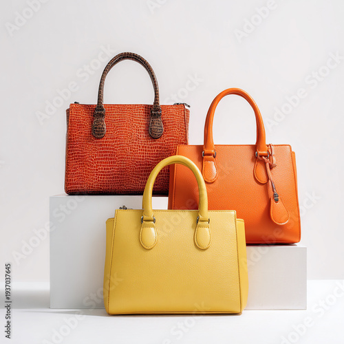 A collection of photorealistic leather tote bags, isolated on a white background with clean studio lighting.