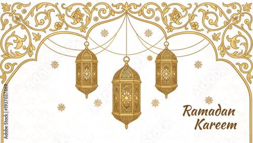 Golden Ramadan Kareem background with intricate floral arch frame and hanging traditional lantern lamps on white decorative pattern background.