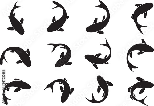 Twelve black silhouette catfish swimming in different directions on white background