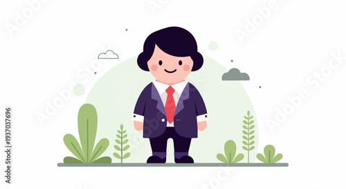 A cartoon character in a suit stands amidst stylized plants and clouds