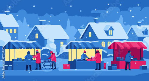 A charming winter market scene unfolds in a snow-covered village, with people browsing illuminated stalls during a gentle snowfall, evoking a festive mood.