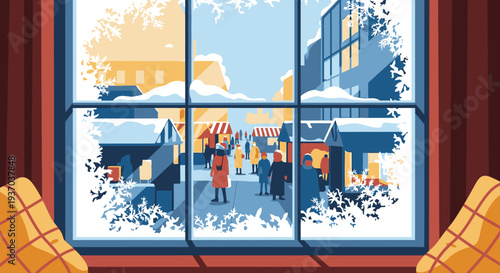 A cozy indoor perspective reveals a bustling winter street market through a beautifully frosted window, capturing the festive spirit of a snowy day.