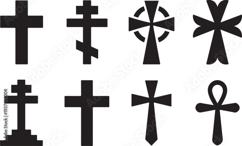 Various types of crosses and religious symbols in black on white background