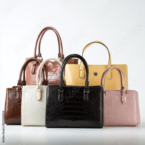 A collection of photorealistic leather tote bags, isolated on a white background with clean studio lighting.