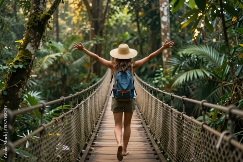 Woman walks on a suspension rope bridge in a tropical forest. Female traveler with a backpack strolls across a wooden bridge. Backpacker stretches her arms while crossing a jungle bridge.