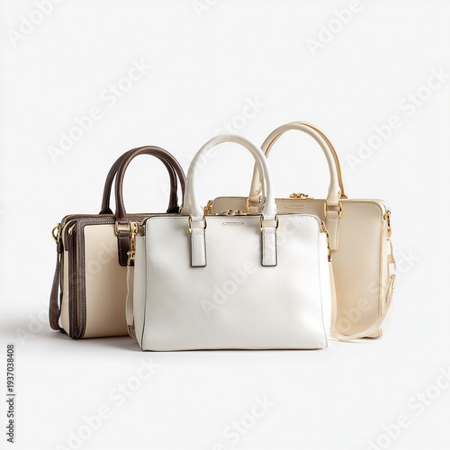A collection of photorealistic leather tote bags, isolated on a white background with clean studio lighting.