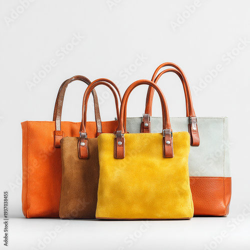 A collection of photorealistic leather tote bags, isolated on a white background with clean studio lighting.