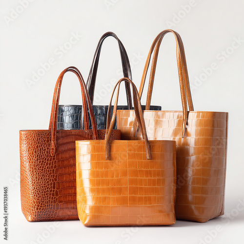 A collection of photorealistic leather tote bags, isolated on a white background with clean studio lighting.