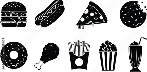 Fast food and snack icon set featuring burger, hot dog, pizza, donut, fries, popcorn and milkshake in modern black silhouette style