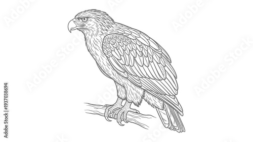 Majestic Eagle Perched: A detailed, monochrome illustration of an eagle perched gracefully on a branch, its keen eyes fixed with focused intensity, and embodies the strength and freedom.