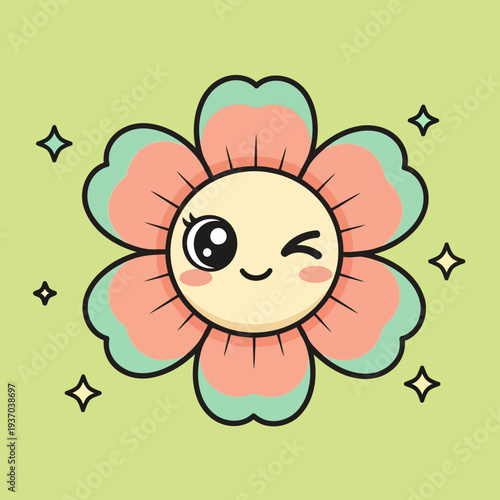 Charming vector illustration of a happy winking flower character with colorful petals and cute rosy cheeks.