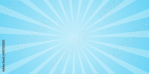 Comic background. Pop art texture. Starburst cartoon style. Anime design with explosion effect for print. Fun dot pattern. Blue backdrop with halftone gradient.