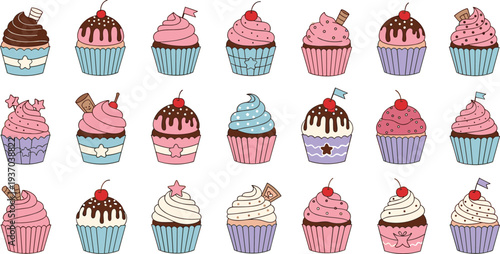 Cute cupcake dessert collection with chocolate, cream frosting, cherries and sprinkles colorful bakery sweet vector illustration set