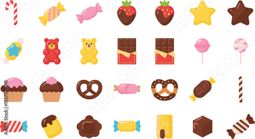 Colorful candy and sweets collection with chocolate, gummy bears, lollipop, cupcake, caramel and sugar treats vector illustration set