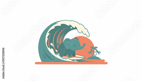 Whimsical elephant enjoys a thrilling surfing adventure on a majestic ocean wave with a tropical sunset backdrop, embodying playful summer fun