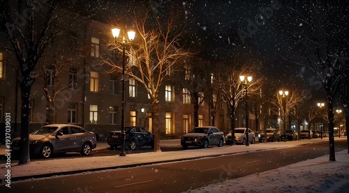 A tranquil winter evening scene featuring softly falling snow on a city street
