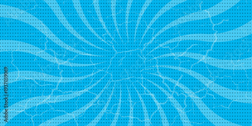 Comic background. Pop art texture. Starburst cartoon style. Anime design with explosion effect for print. Fun dot pattern. Blue backdrop with halftone gradient.