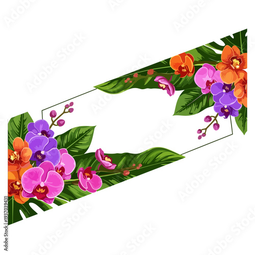 Colorful vector illustration of tropical orchid flowers and lush green leaves forming an elegant frame.