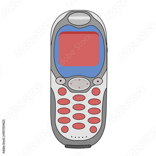 a atractive shape cell phone grey color with a red screen on the front and pink dial. Retro communication technology