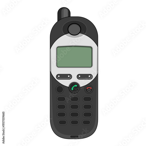 a simple cell phone black color with a green screen on the front and black dial. Retro communication technology