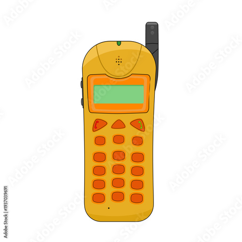 a quare shape cell phone yellow color with a green screen on the front and orange dial and antena. Retro communication technology