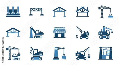 A vector image featuring a collection of construction and industrial icons, including various cranes, excavators, and building structures.