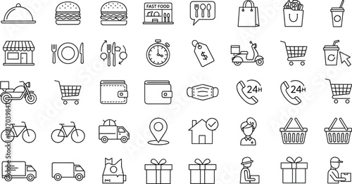 Ecommerce delivery and food service line icon set with shopping cart, fast food, delivery truck, gift box and online order symbols
