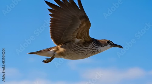 Brown plumage bird soaring in the blue sky with open wings