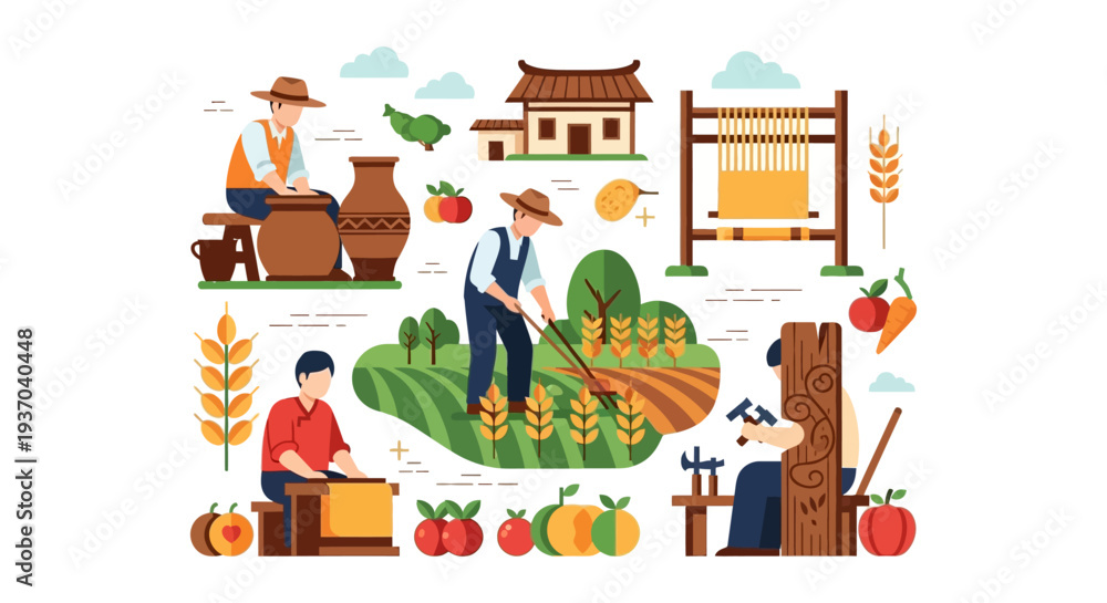 Obraz premium Traditional Crafts and Local Production Illustration. Farmers, Potters, Weavers, and Carvers working in Rural Agriculture and Heritage Economy.