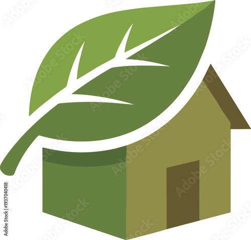 A vibrant green leaf design organically covers a modest house, representing innovative eco friendly living and sustainable home architectural design principles