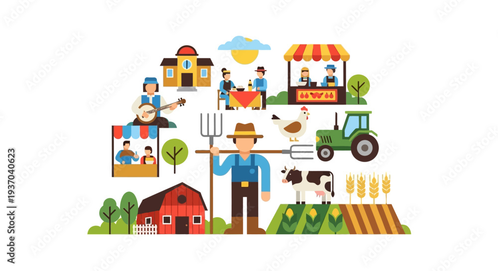 Naklejka premium Agriculture and Rural Life Ecosystem Illustration: Farmer, Market, Animals, and Farming Equipment in Flat Design