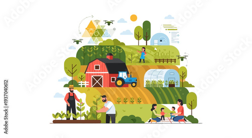 Smart Farming Ecosystem: Precision Agriculture, Drones, IoT, and Sustainable Rural Life Illustration